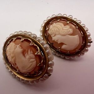 Vintage Cameo and Faux Seed Pearl Clip-on Earrings